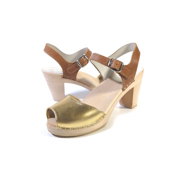 MAGUBA Clogs 37 Gold Open Toe Leather Heeled Swedish Clog Sandals *PRIMO* - Picture 11 of 12